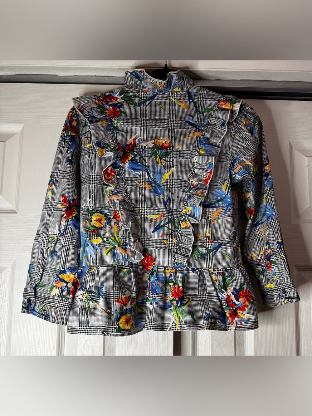 The Shirt Rochelle Behrens Black Houndstooth Floral ButtonFront Blouse-Size XS - Picture 4 of 5